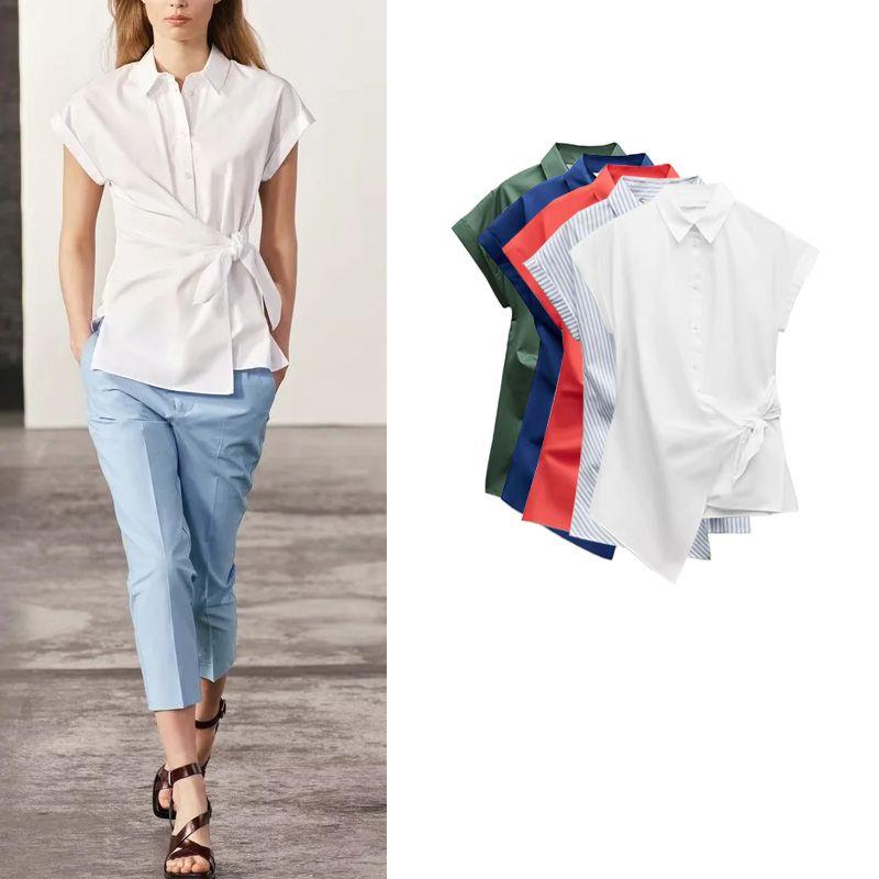 Spring New Temperament Work Clothing Lapel Short Sleeve Poplin Shoelace Shirt 4043050 9479048 3360
