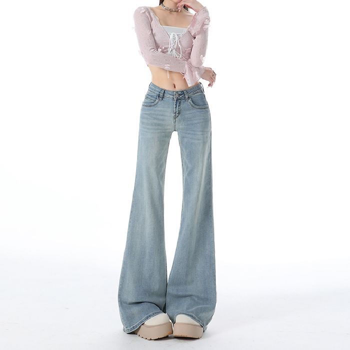 Autumn Winter Vintage Low Waist Stretch Slim Straight Floor Micro Flare Denim Pants For Women Casual Pants Oversize Denim Trousers
