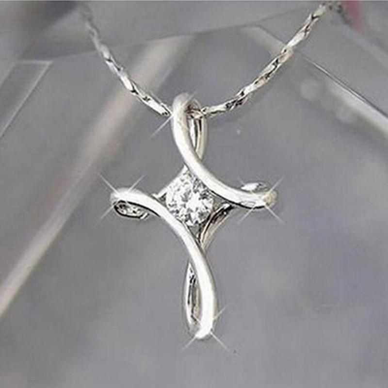 Geometric Silver Cross Pendant Necklace With Zirconia For Romantic Couples