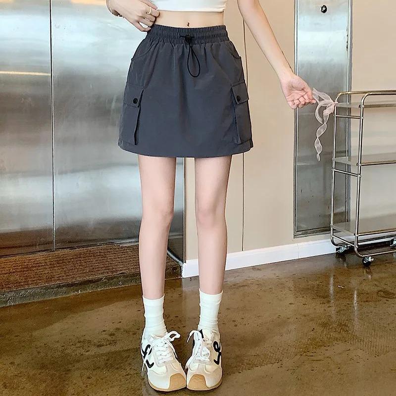 Summer Ins Korean Cargo Short Skirts Women Quick Drying Dress Girls Drawstring High Waist Thin Skirt