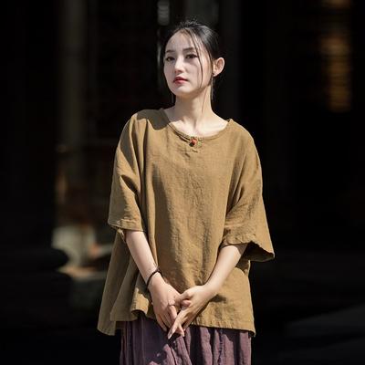 Women Vintage Cotton T-Shirt Short Sleeve Summer Solid Color Loose Button Women T-Shirts