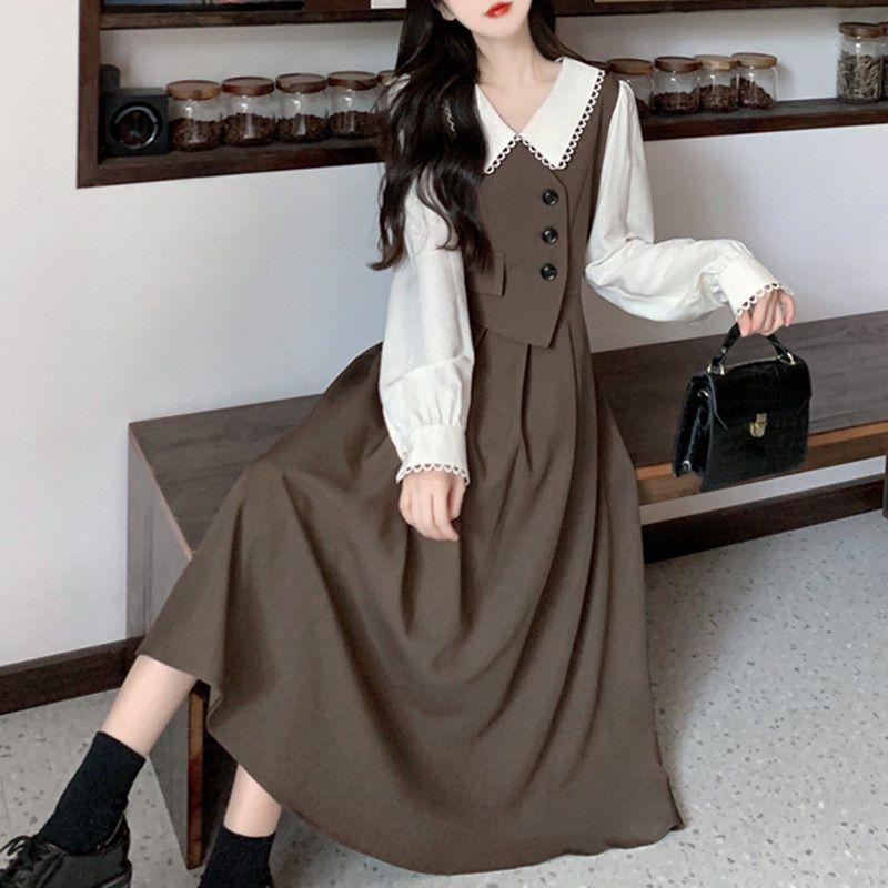 Vestă cu gât de păpușă Cusătură rochie falsă din două piese Toamnă și iarnă Fusta lungă mare, elegantă, temperament