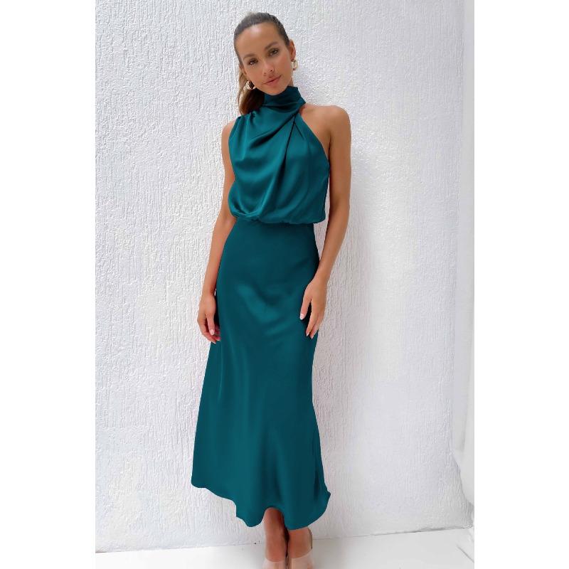 Europe, America, Spring and Summer New Solid Color High-end Satin Sleeveless Dress Fashionable and Elegant Temperament Light Evening Dress