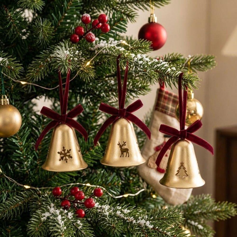 Shiny Metal Christmas Bells Pendant Snowflake Reindeer Xmas Bells Hanging Ornament Iron Art Jingle Bells Christmas Tree Bell