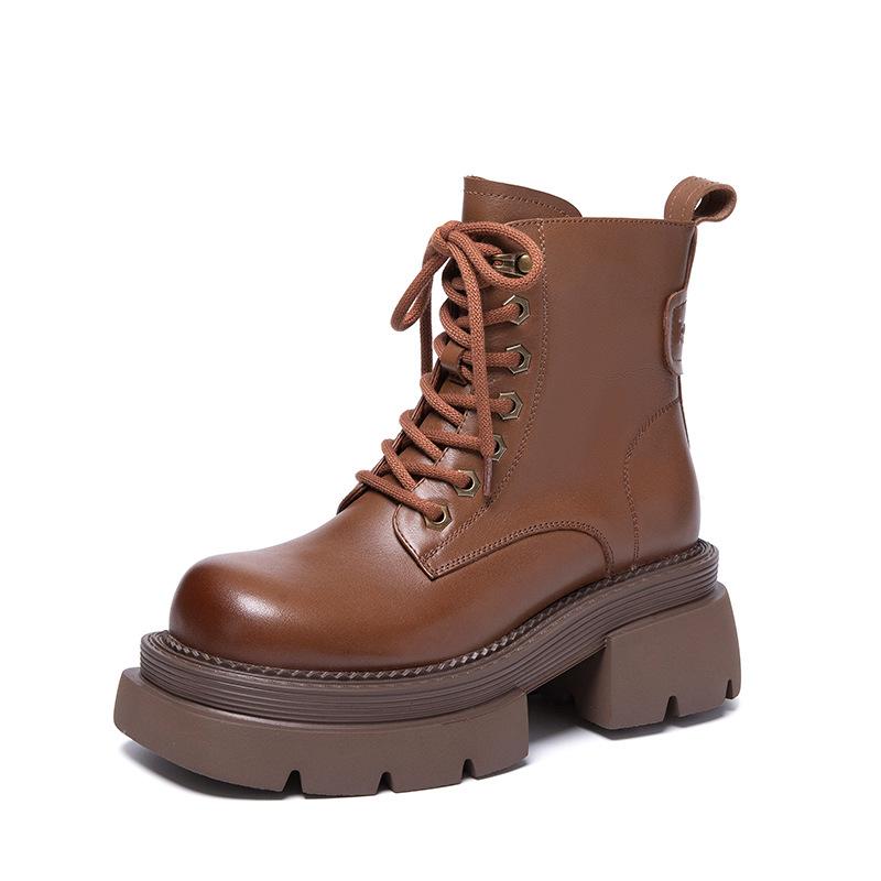 The First Layer of Cowhide Martin Boots for Women In the Autumn and Winter of 2025, the New Retro Lace-up Leather Platform Muffin Shoes for Women Wi