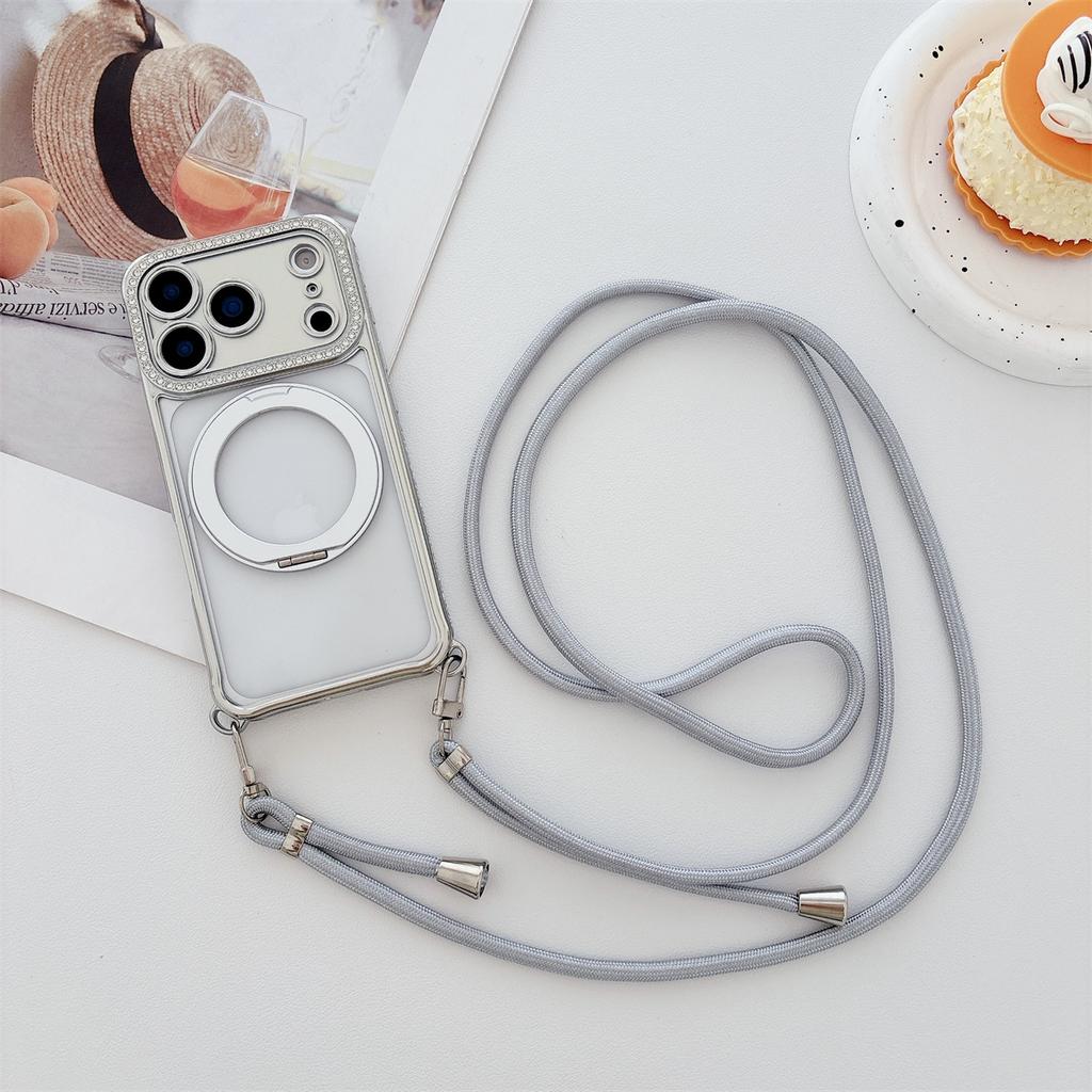 Crossbody Lanyard Electroplated Rotating Stand Magnetic Phone Case for IPhone Air 17 16 Plus 15 14 13 Pro Max for Magsafe Cover
