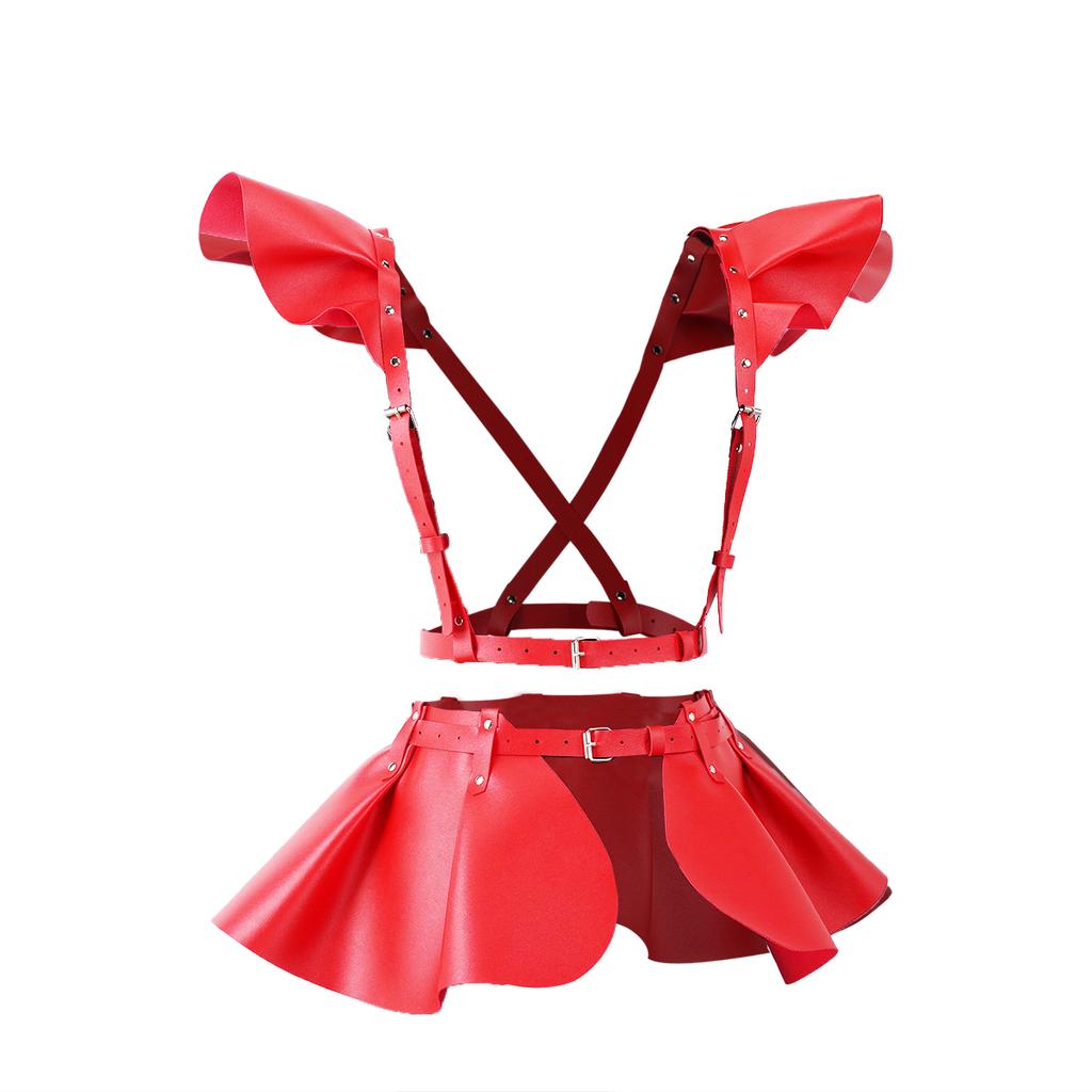 Costum cu volane la modă, Rochie din piele ecologică cu garnitură pe umeri, Accesorii de modă, Curea de damă cu garnitură pe umeri din piele ecologică Dr