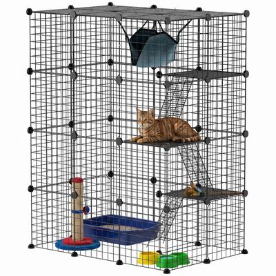 Four-Tier DIY Large Cat Cage with Hammock, Ramps, Five Doors, Indoor Use for 1-3 Cats, Black