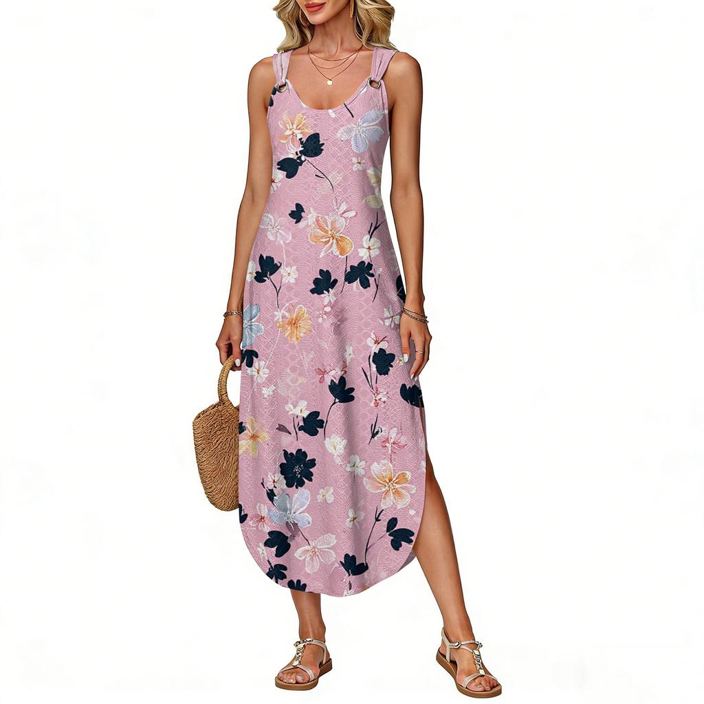 Damen Sommer Langes Kleid, Ärmellos Mit Seitenschlitzen, Langes Camisole-Kleid Mit Blumendruck