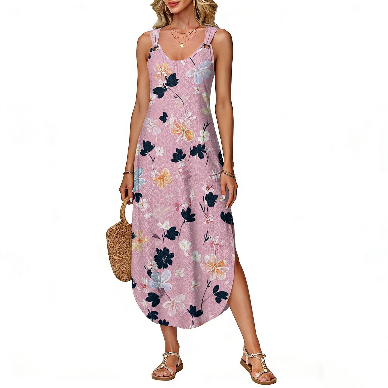 

Women s Summer Long Dress, Sleeveless With Side Slits, Long Floral Printed Camisole Dress XL рожевий