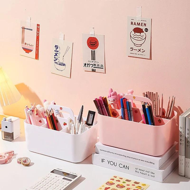 New Desktop Marker Holder Art Supply Storage Box Cosmetic Plastic Storage Basket With Handle  Pencil Pen Stationery Storage Case