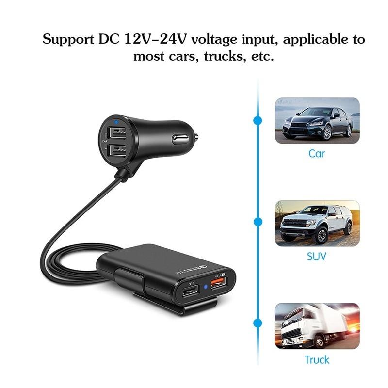 Univerzální 4 porty USB nabíječka do auta Přední sedadlo Zadní sedadlo QC3.0 Rychlé nabíjení USB adaptér pro nabíječku do auta USB Rychlá nabíječka