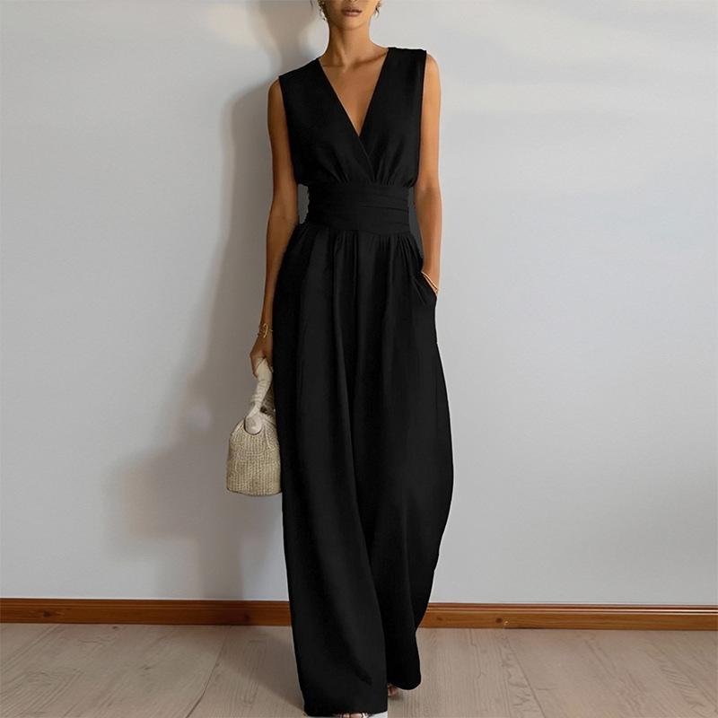 2026 Cross-border European and American Women's Clothing, New Summer Fashion Temperament Commuting Solid Color Waist Wide-leg Jumpsuit Clothes
