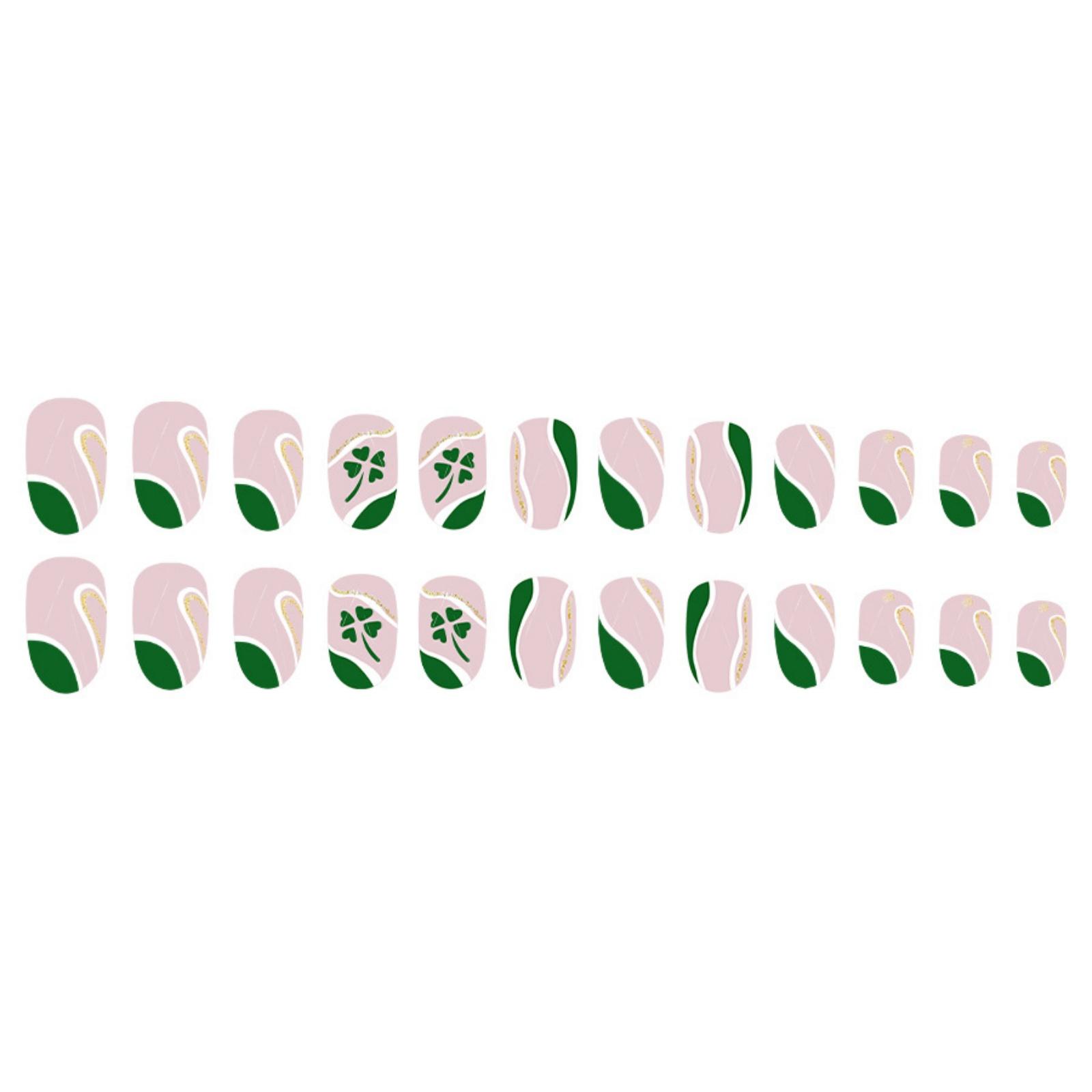 

24 шт. Короткие миндалевидные накладные ногти с французским кончиком, наклейки на ногти, ко Дню Святого Патрика, накладные ногти, трилистники, искусственные ногти