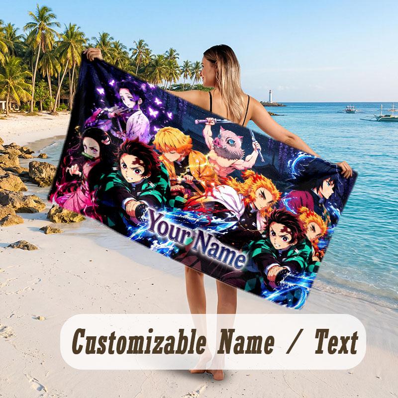 Custom Name Large Beach Towel,Demon Slayer Quick Absorbent Towel For Outdoor Travel Poolside