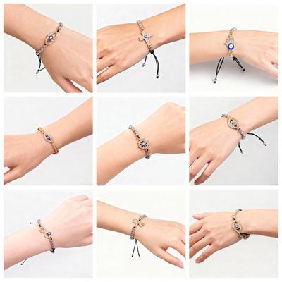 Pulsera Tejida Ajustable de Cruz con Diamantes Incrustados y Ojo del Diablo Europea y Americana para Parejas