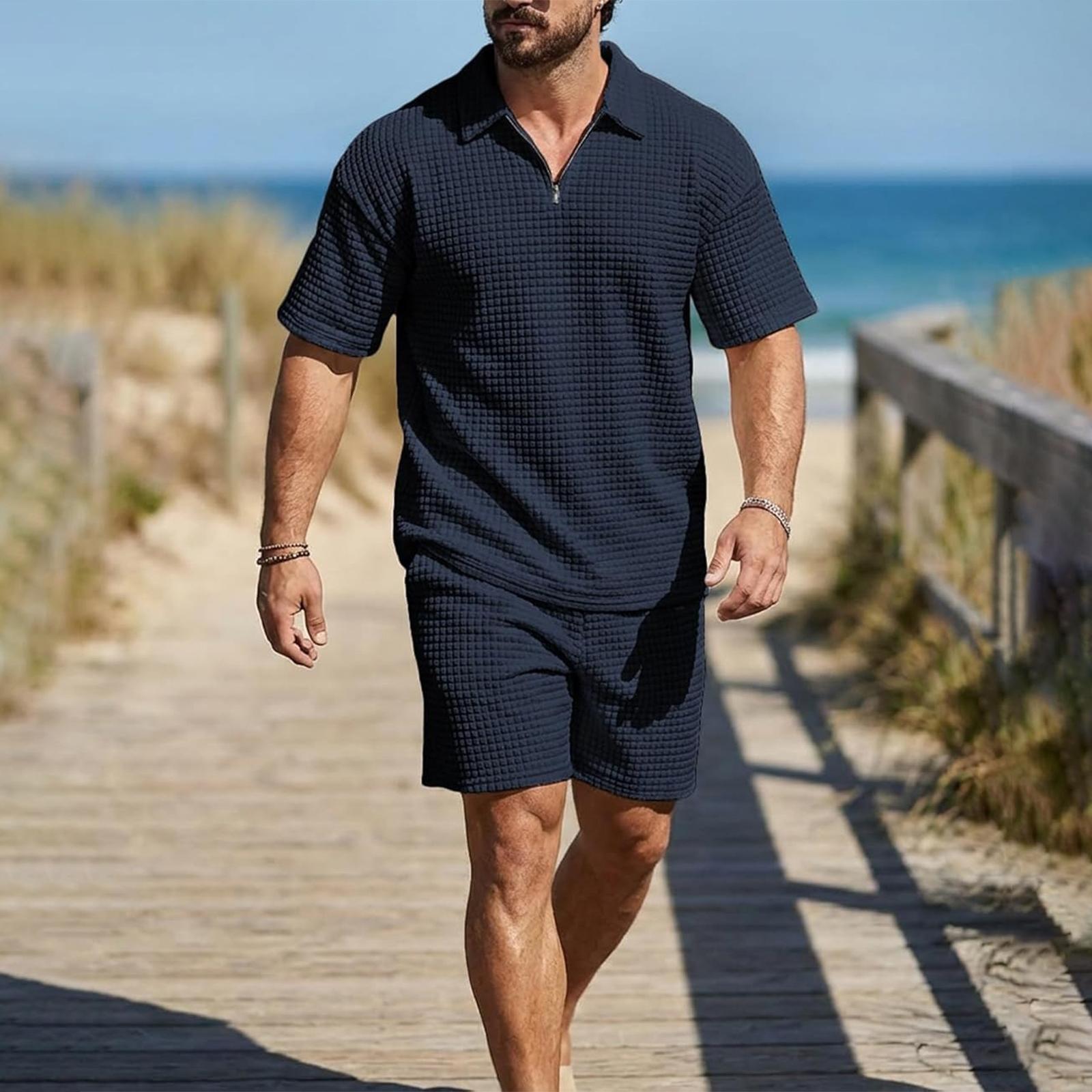 

Men s Casual Retro Waffle Knit Short Sleeve Zip Collar Shirt with Drawstring Waist Shorts Set Lightweight Breathable Fabric Summer Outfit XL тёмно-синий