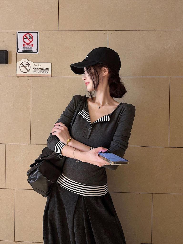 Women's Autumn Slim-Fit Versatile Color-Blocked Long-Sleeve Fake Two-Piece Top