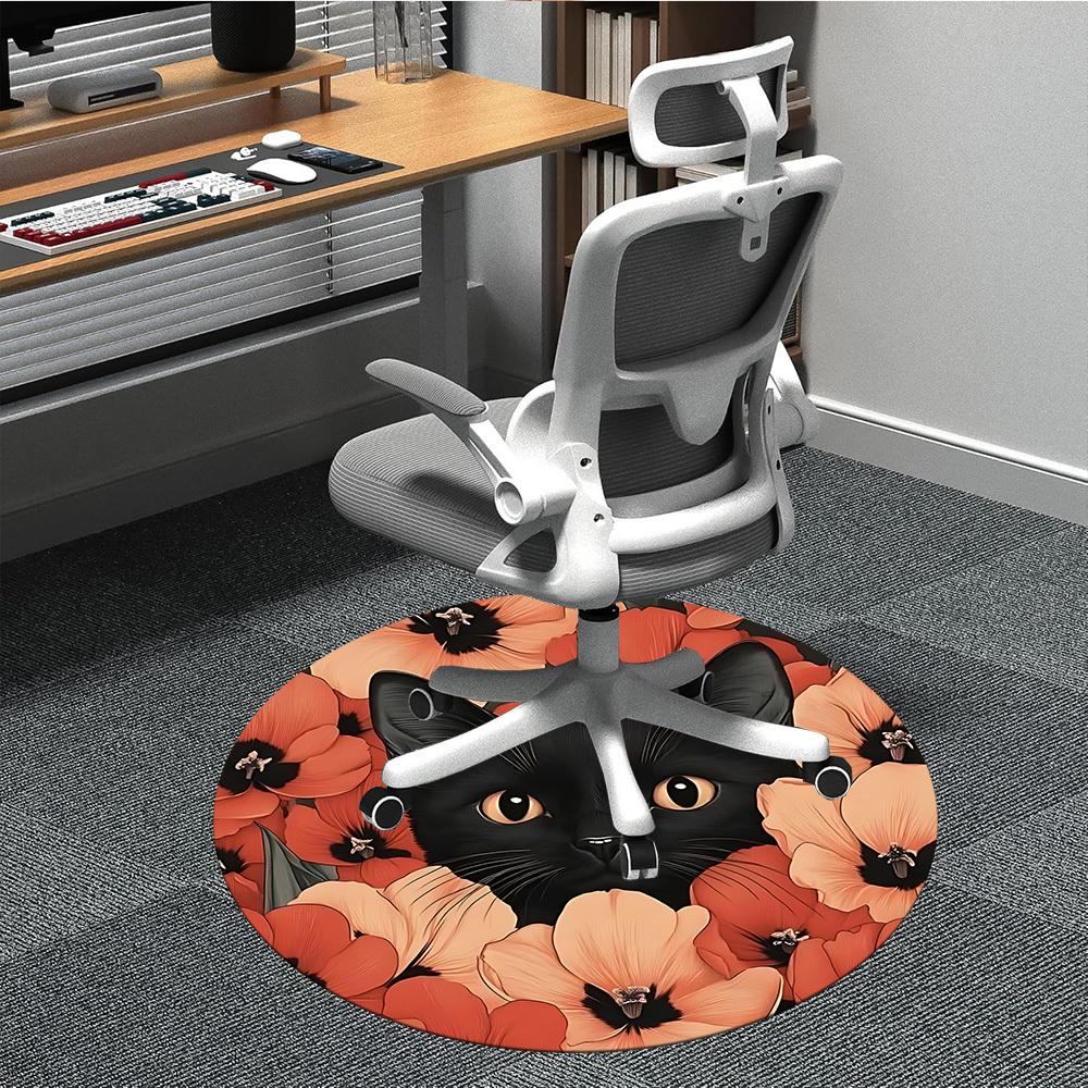 

1pc Black Cat Floral Pattern Chair Carpet for Office, Round Non Slip Durable Large Size Office Carpet, Suitable for Office 80cm