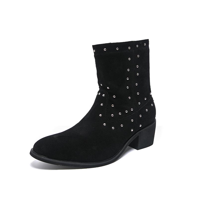 Men's Large Suede Leather Rivet Pointed Toe Ankle Boots - Medium Heel Fashion Knight Boots
