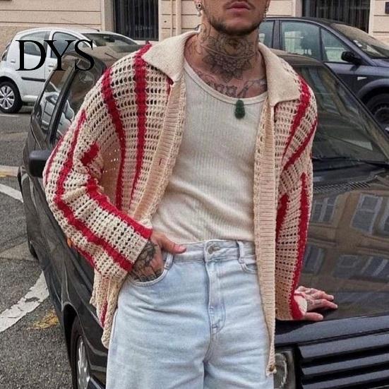 Loose Fit Men Shirt Fall Spring Cardigan Knitted Hollow Out Turn-down Collar Striped Single-breasted Long Sleeves Color Matching Slicing Patchwork