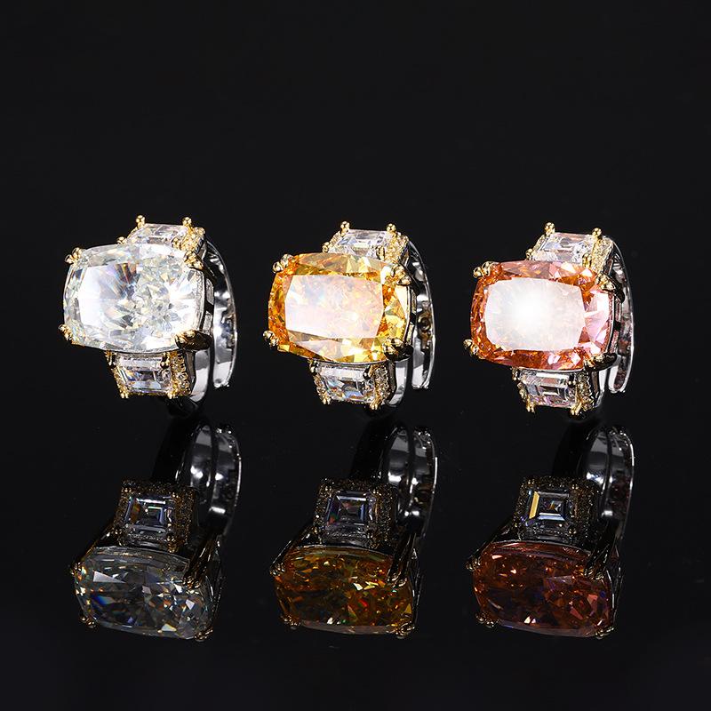 Jewelry Copper Bottom Gold-Plated High Carbon Diamond Ice Flower Square Diamond Copper Setting Temperament Light Luxury Retro Ring Women 12 * 16