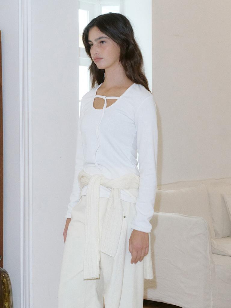 KIJUN Belted U-Neck Top Ivory