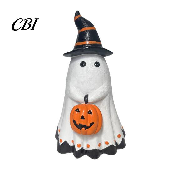 Halloween Table Centerpiece Ghost Figurine, Cute Wearing Hat And Holding Holiday Vibes Decor Pumpkin Statue, Resin Ornament for Shelf Tabletop