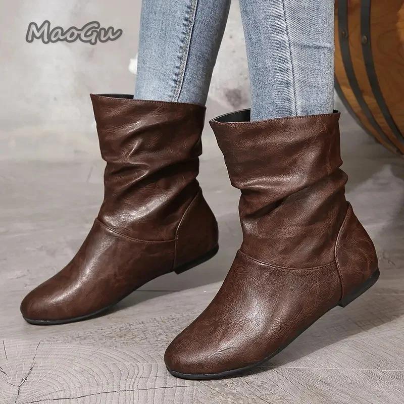 Size 36-42 Autumn Women Leather Short Boots Slip on Pleated Round Toe Low Heel Women's Boots Botines Para Mujeres Botas