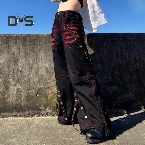 Women Pants High Waist Color Block Wide Leg Casual Trousers Loose Fit Retro Cool Long Pants Streetwear