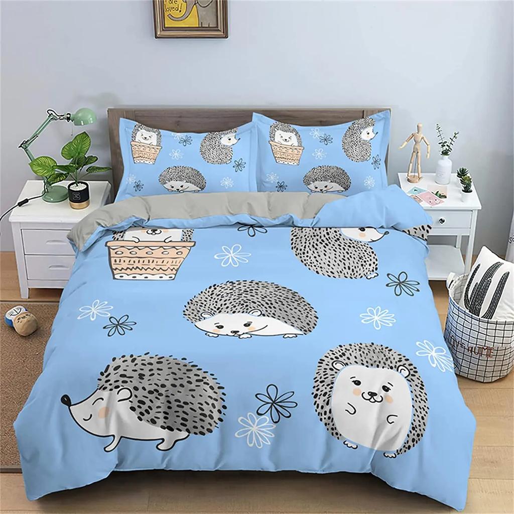 Comforter Cartoon Hedgehog Bedding Set Cute Hedgehog Flower Pattern Polyester Comforter Wildlife With Zipper