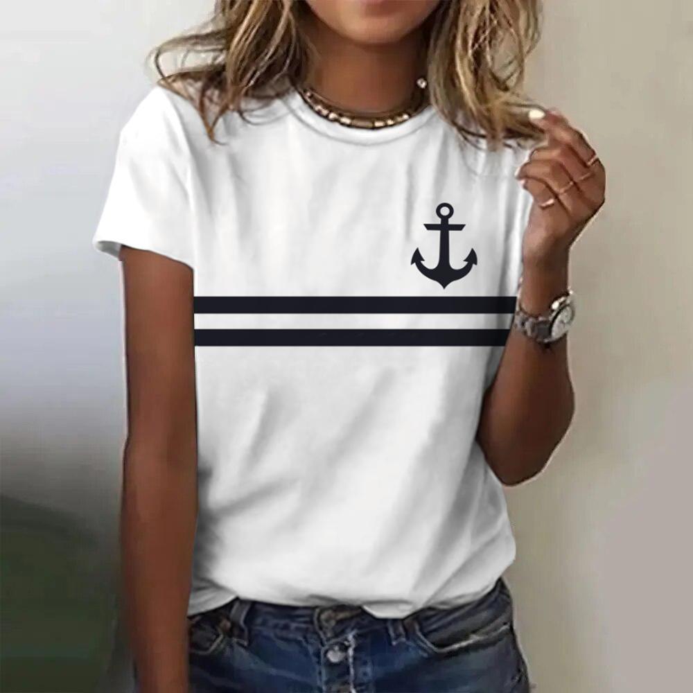 T-shirt da Donna con Stampa 3D di Ancora per Barca Estiva, Maglietta Casual da Donna a Maniche Corte, T-shirt alla Moda con Scollo a O, Top Harajuku, Abbigliamento Femminile