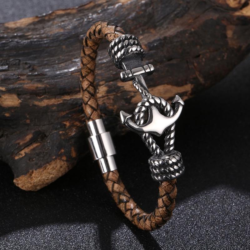 New Stainless Steel Anchor Bracelet Men's Jewelry Punk Black Woven Genuine Leather Bracelet Charm Vintage Gifts