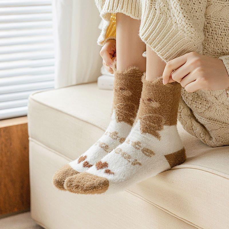 Autumn Winter Coral Velvet Socks Cartoon Bear Socks For Women Children Girls Middle Tube Thickened Sleep Socks Home Floor Socks