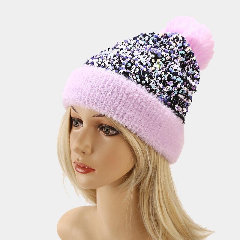 Winter Glitter Fleece Beanie Detachable Pom-pom Knit Cap Solid Color Thermal Hat Unisex Travel