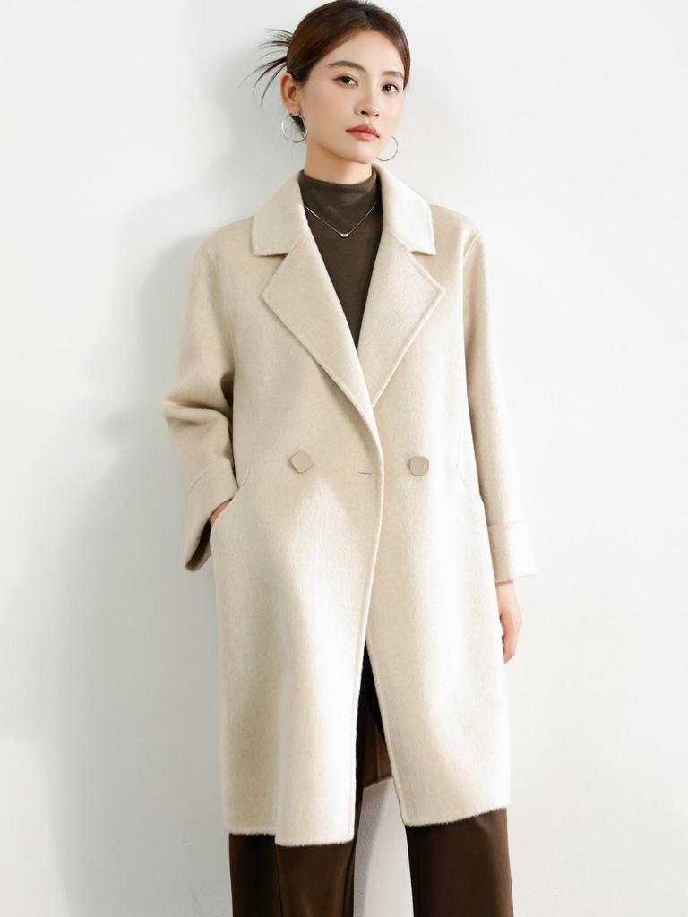 Women's Mid-Length Black Double-Faced Cashmere Wool Coat - 2025 Autumn/Winter Collection