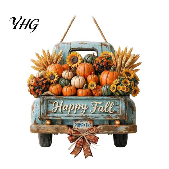 Thanksgiving Farmhouse Wall Decoration Harvest Pumpkin Truck Hanging Sign for Front Door, Wooden Fall Door with Decorative Holiday Plaque Hemp