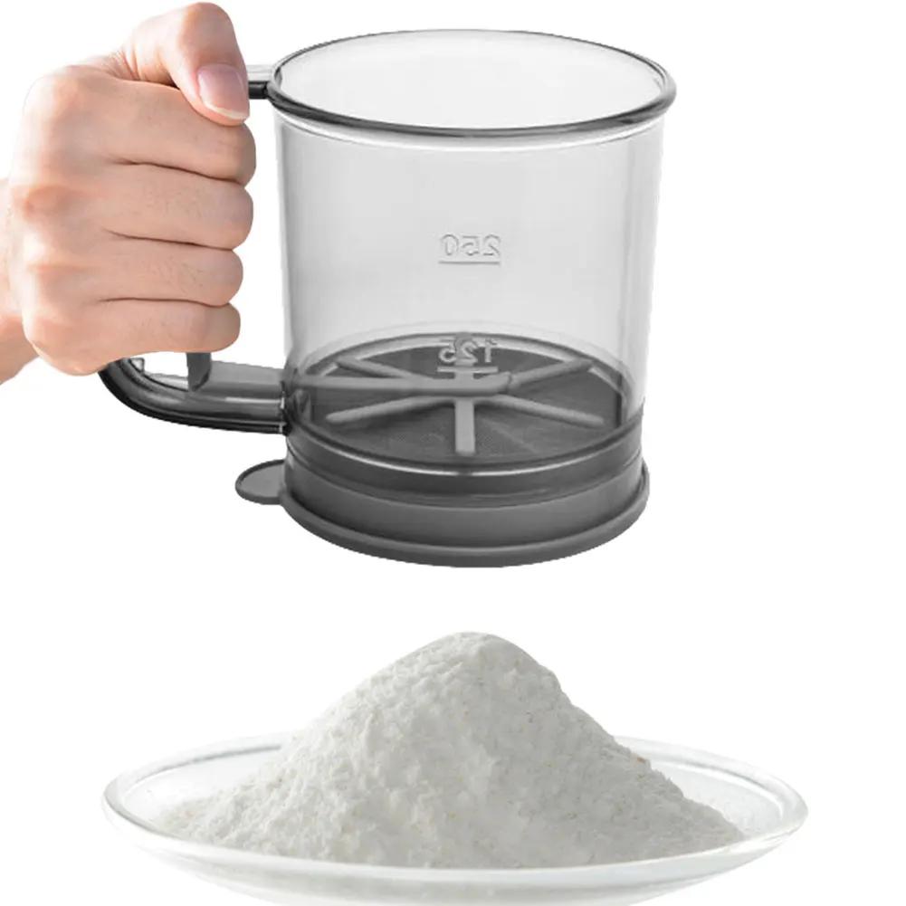 Hand Crank Flour Sifter Fine Mesh One Hand Press Crank Sifter Semi-Automatic Sugar Powder Sieve Cup Handheld Cooking Baking Tool