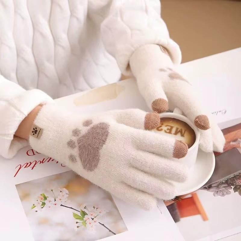 Winter Katzenkratzliebe Handschuhe für Damen Plüsch Touchscreen Gestrickte Dicke Handschuhe Weiche und Flauschige Koreanische Niedliche Alle Finger Handschuhe
