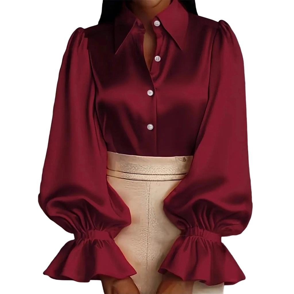 Women's Fashion Solid Color Collar Button Long Sleeve Shirt Top
