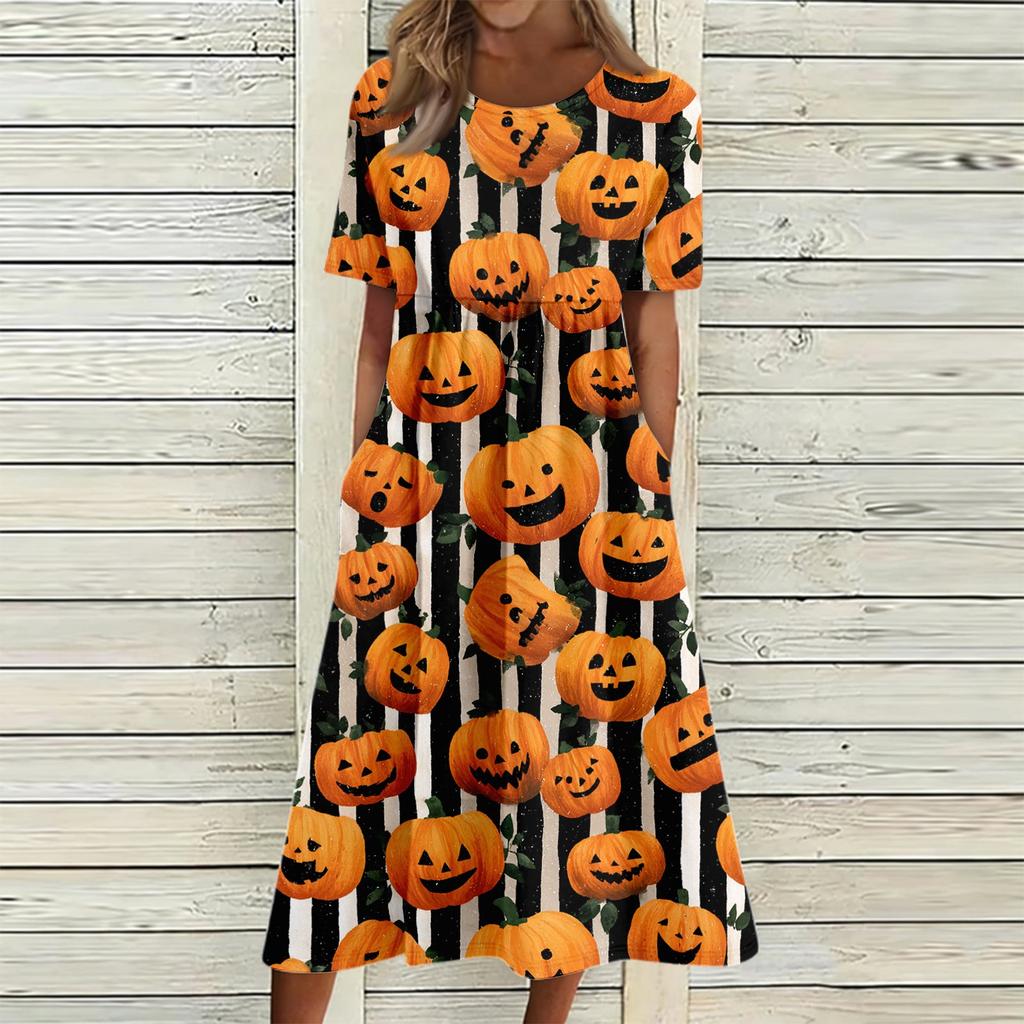 Women's Casual Halloween Print Patchwork Dress Short Sleeve Round Neck Pocket Midi Dress Loose Fit Comfortable Everyday Wear