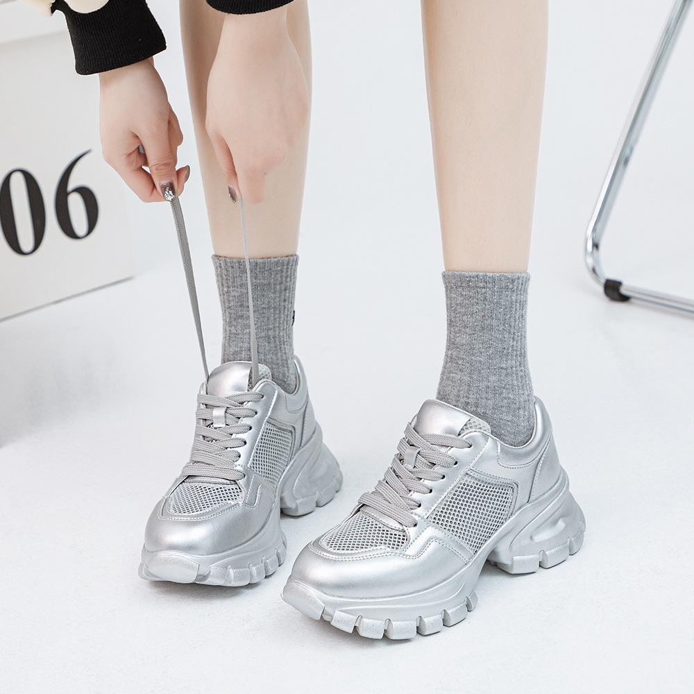 Galaxy fragments genuine leather through the net casual shoes women's 2025 spring new platform white shoes women's dad shoes versatile