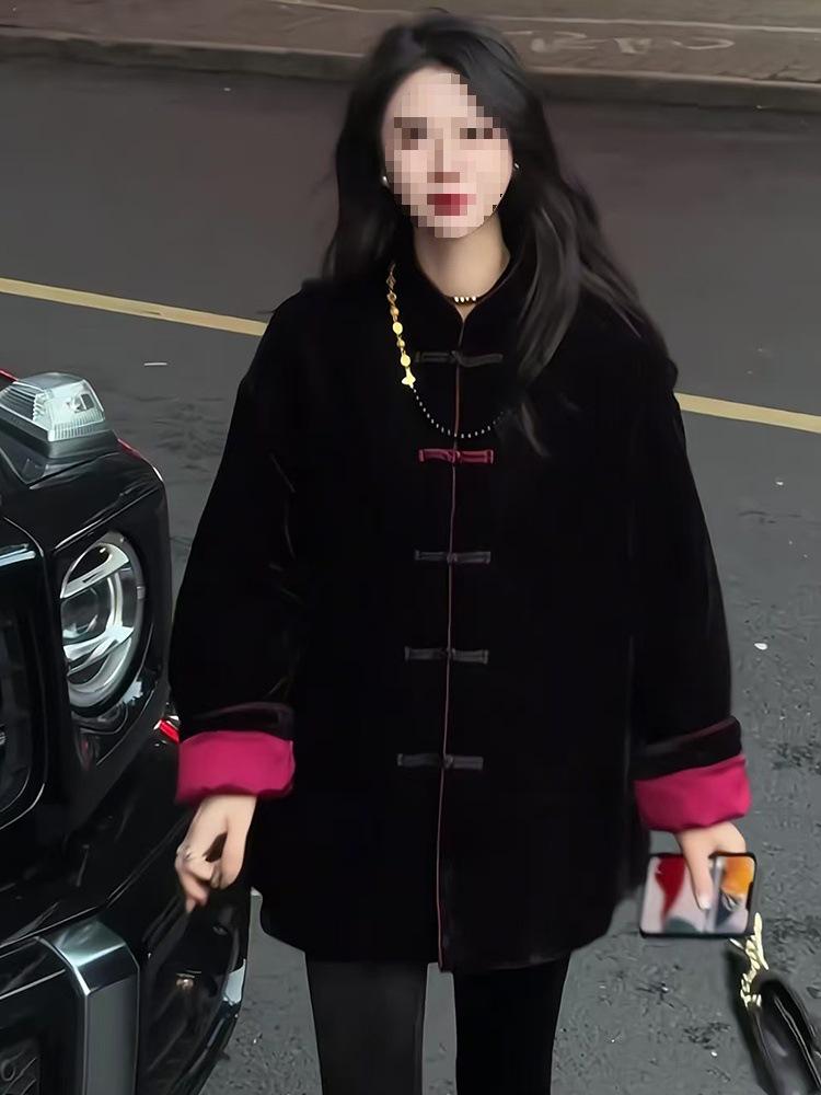 

Женское свободное хлопковое пальто в китайском стиле - осень и зима, плотное, большого размера, на пуговицах 2XL чёрный