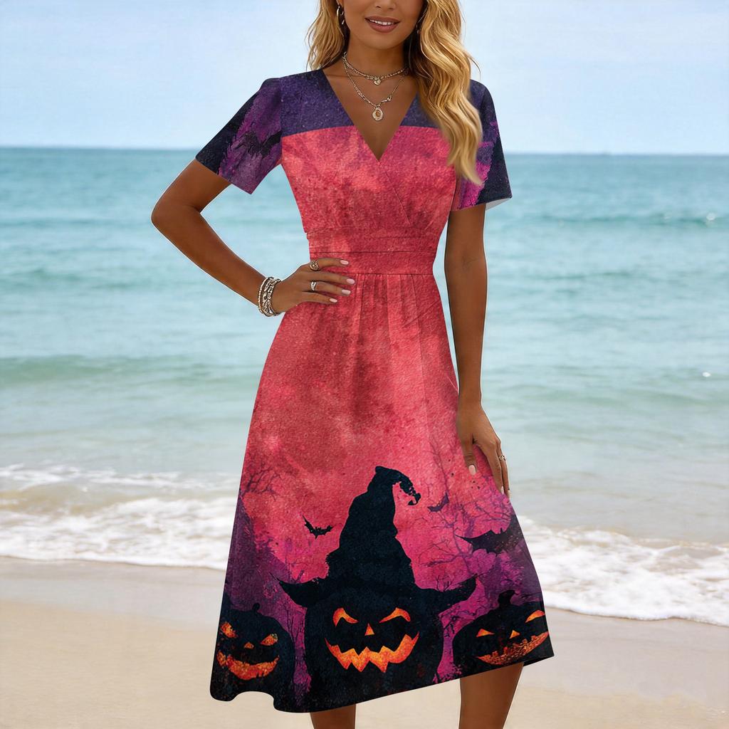 Women's Casual V Neck Short Sleeve Midi Dress Halloween Print Comfortable Fit Flared Skirt Lightweight Fabric Suitable for Daily Wear