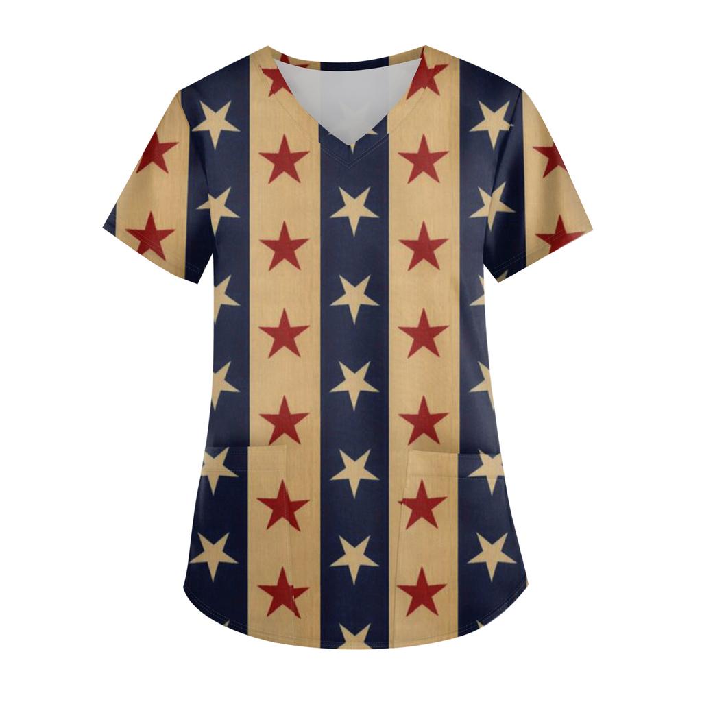 Modisches V-Ausschnitt-Taschen-Kurzarm-Uniform- und Pflegekraft-Oberteil für Damen mit Aufdruck zum Unabhängigkeitstag