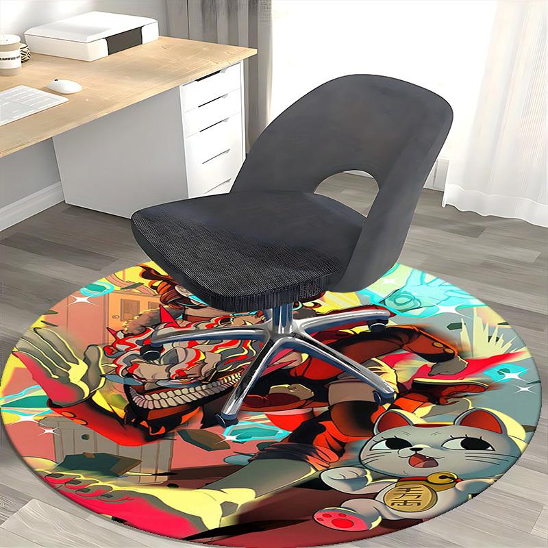1pc Anime Cat with Skull Headphones Round Carpet - Office Chair Mat, Non-Slip Rug for Home Decor, Living Room