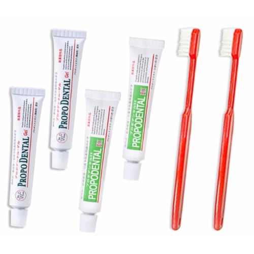 Propolis Toothpaste Trial Mini Set (2 Propodental EX Minis, 2 Propodental Gel Minis, 2 Toothbrushes) for Periodontal Disease, Antiseptic-Free, Travel-