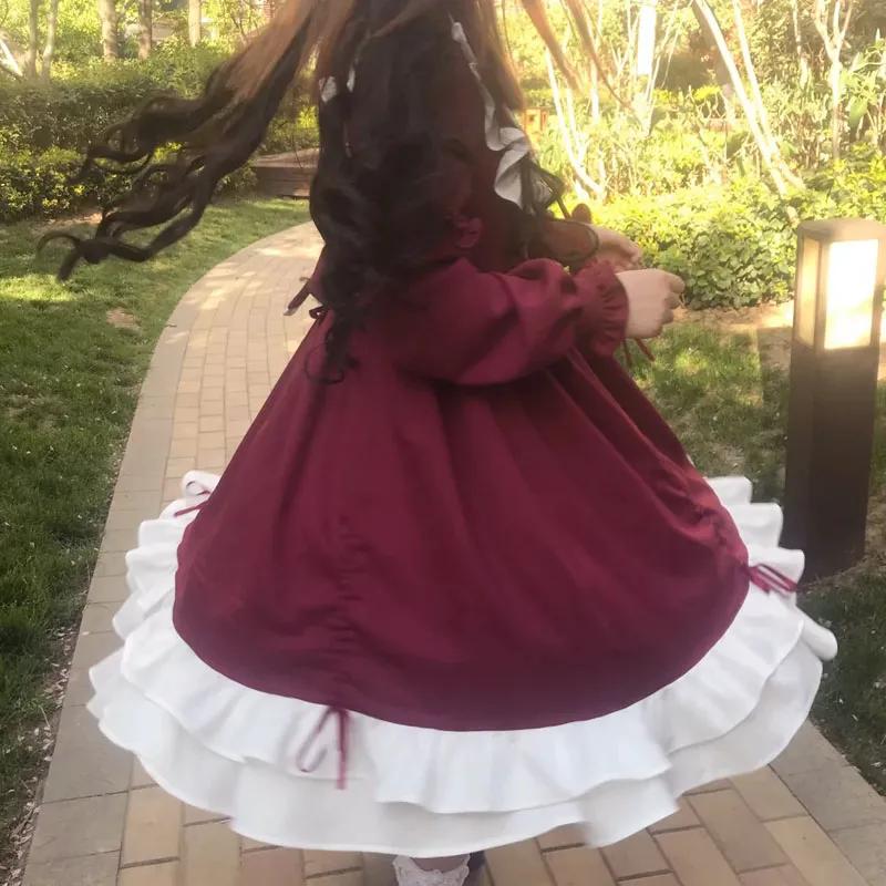 Lolita Rock Süßes Langarmkleid Damen Süßes Frisches Rüschenkleid