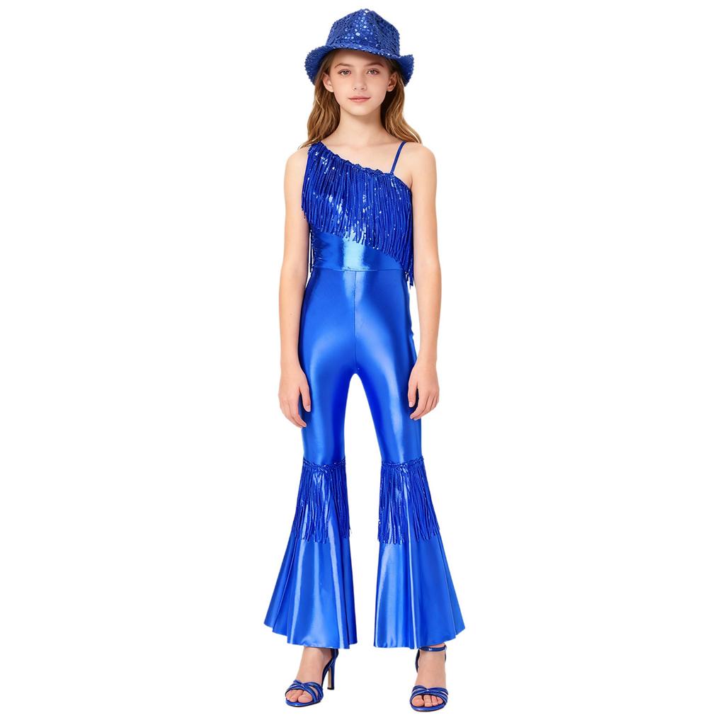 Girls Jazz Dance Jumpsuit Sleeveless One Shoulder with Sequins Tassels High Waist Bell Bottoms and Fedora Hat for Pageant Banquet