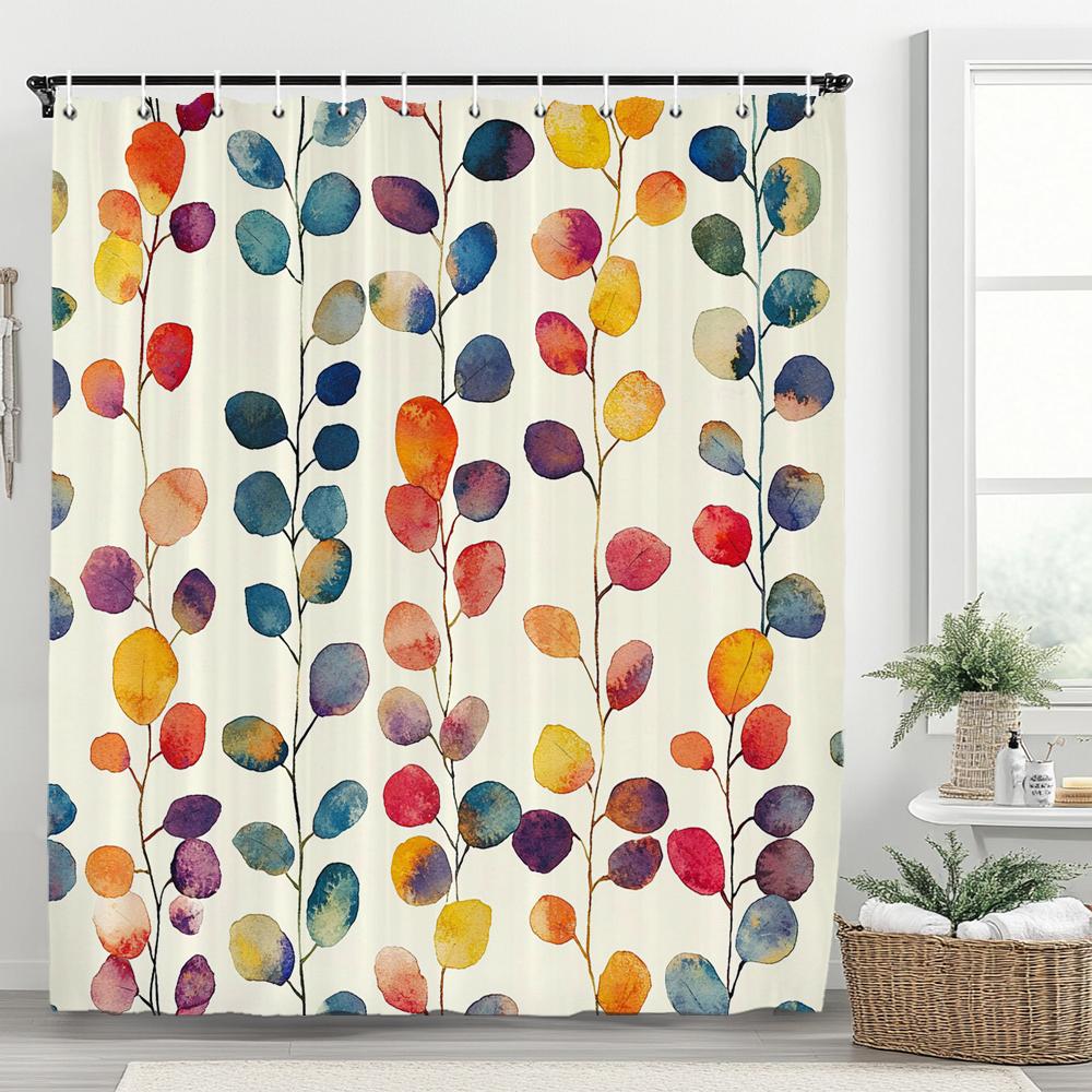 Modern Plants and Leaves Shower Curtain, Botanical Leaf Bathroom Decor Shower Curtain, Waterproof Shower Curtain with Hooks